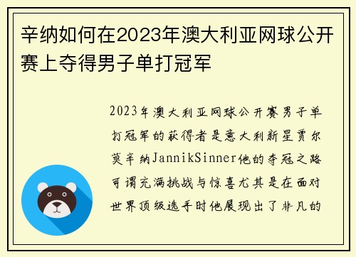辛纳如何在2023年澳大利亚网球公开赛上夺得男子单打冠军