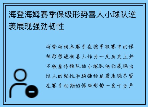 海登海姆赛季保级形势喜人小球队逆袭展现强劲韧性
